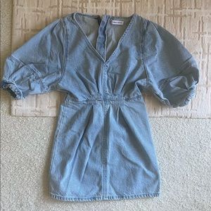 Urban revivo v neck denim puff sleeve mini dress
